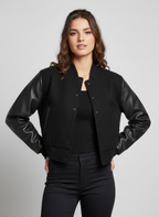 Women's Cropped Black Varsity Jacket - Front