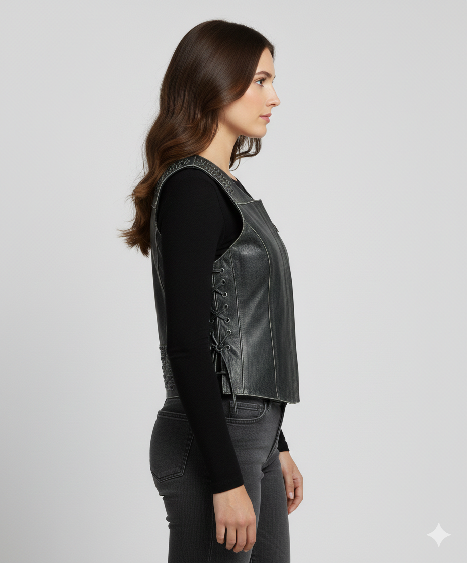Women's Soft Leather Motorcycle Fashion Vest - Back