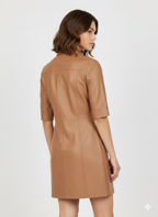 Women's Brown Button-Up Long Leather Shirt - Back