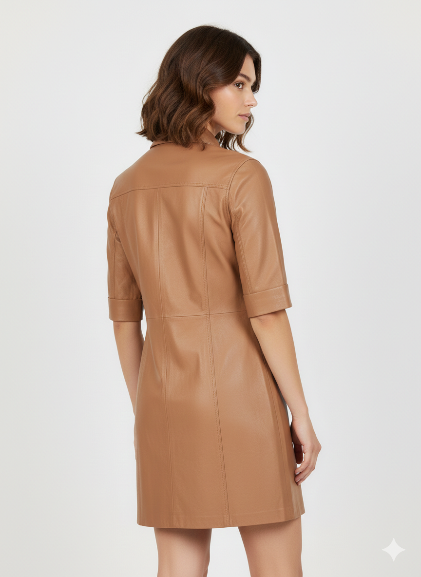 Women's Brown Button-Up Long Leather Shirt - Back