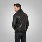 Men's Slim Fit Black Genuine Leather Bomber Jacket - Left