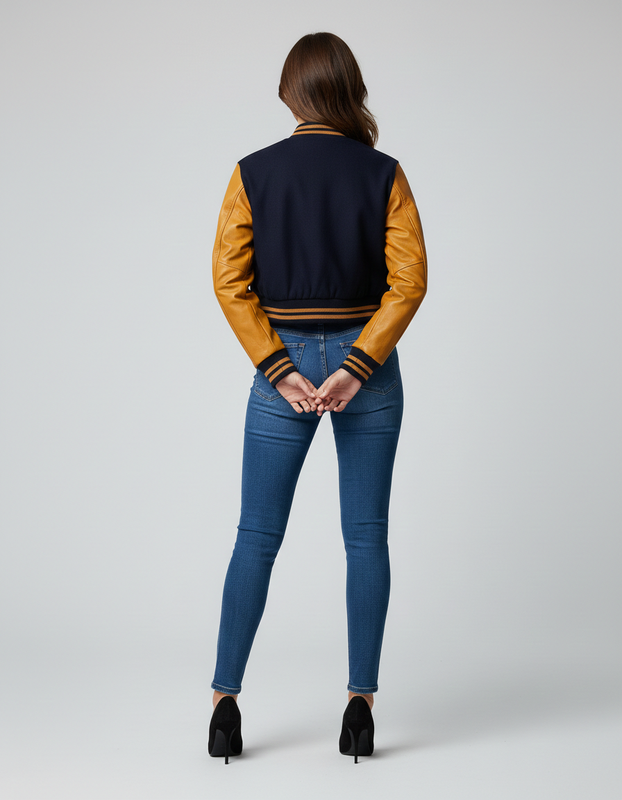 Women's Navy Varsity Letterman Jacket - Left