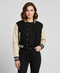 Women's Black And Cream Varsity Jacket - Front