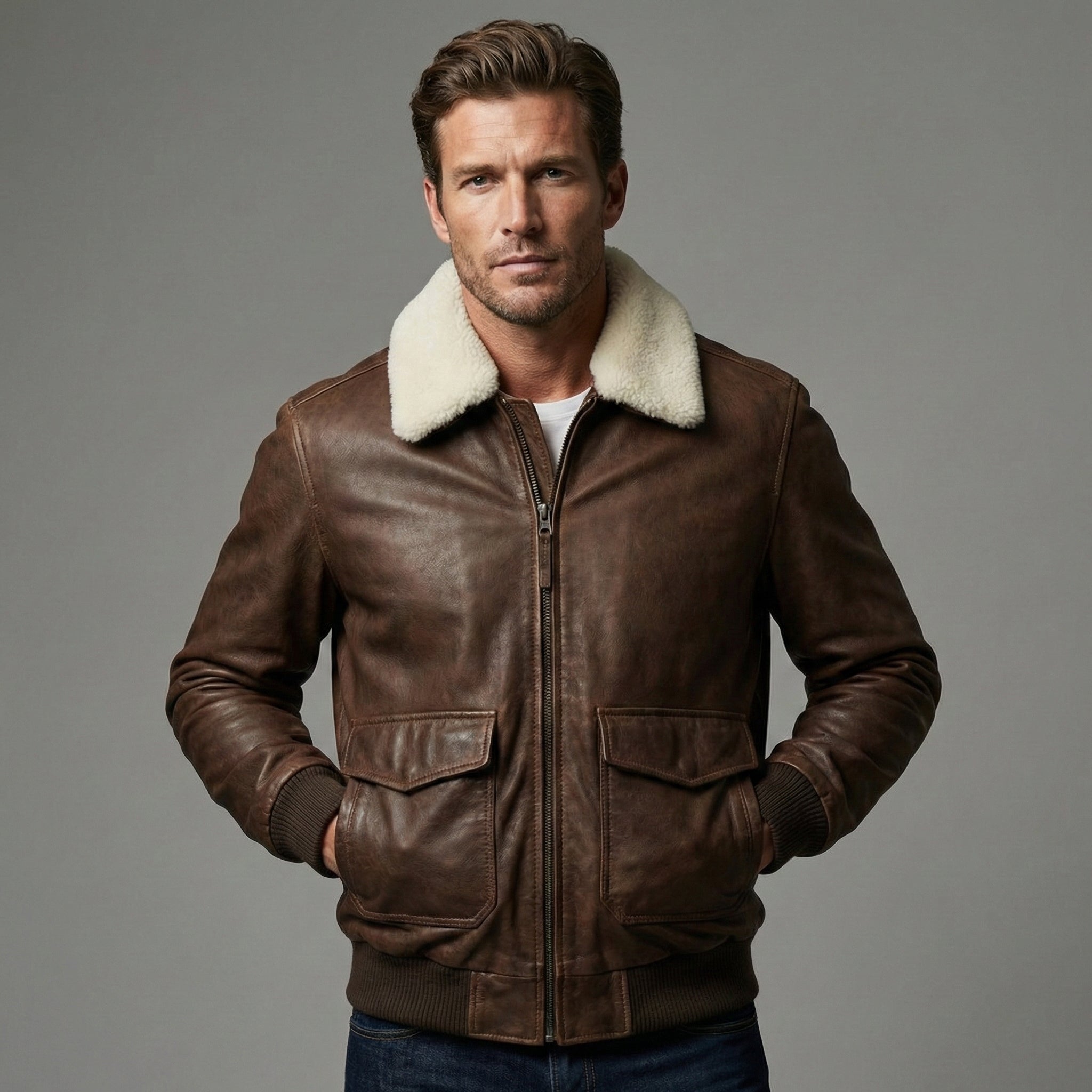 Classic Brown Sheepskin Aviator Jacket for Men - Front