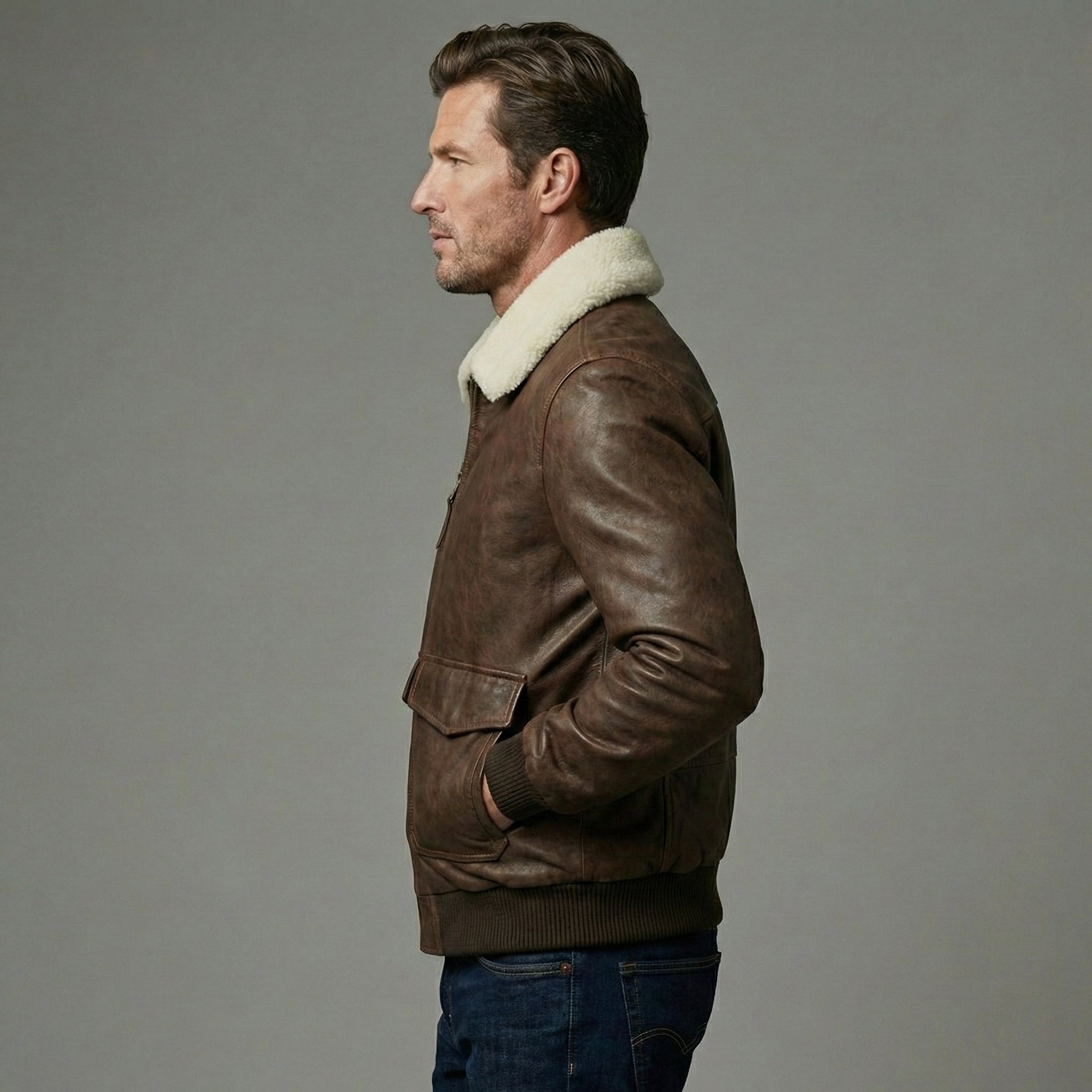 Classic Brown Sheepskin Aviator Jacket for Men - Left