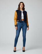 Women's Navy Varsity Letterman Jacket - Front