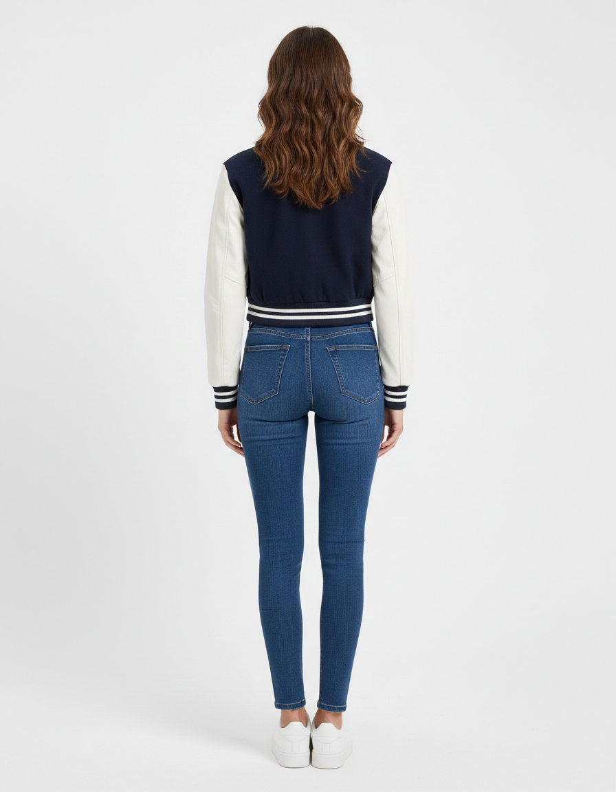 Women's Windcheater Crop Denim Varsity Jacket - Left