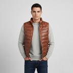 Men's Brown Leather Puffer Vest - Front