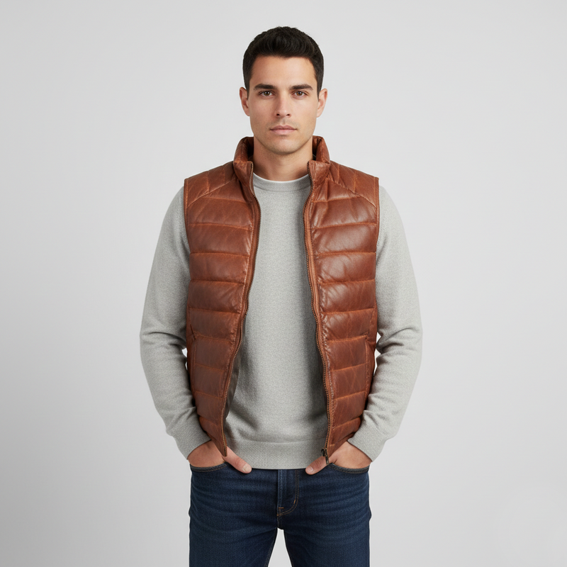 Men's Brown Leather Puffer Vest - Front