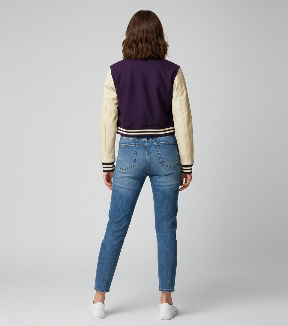 Women's Dark Purple Crop Letterman Varsity Jacket - Left