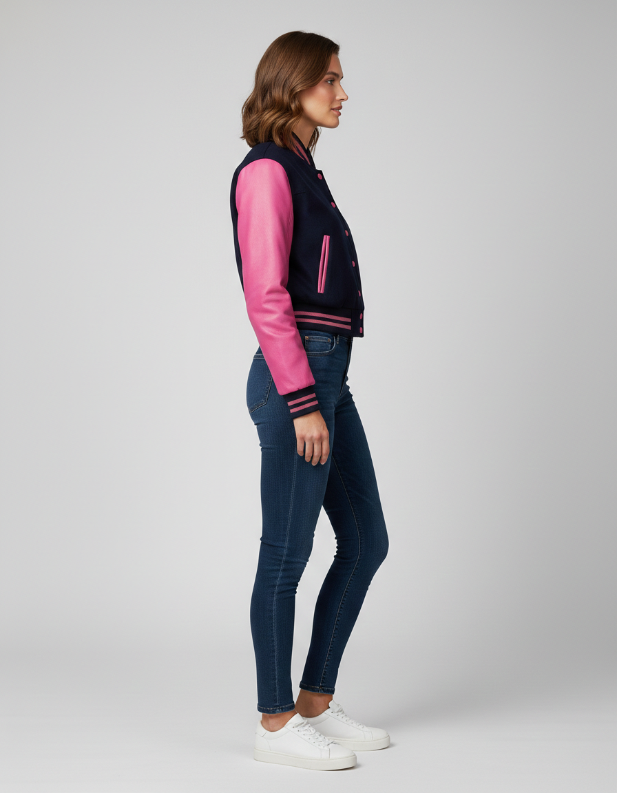 Women's Blue Pink Varsity Bomber Jacket - Left