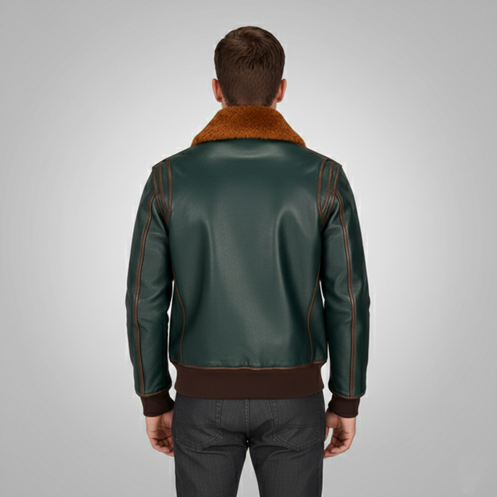 Green Lambskin Aviator Jacket with Brown Shearling Collar - Left