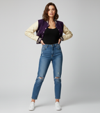 Women's Dark Purple Crop Letterman Varsity Jacket - Front
