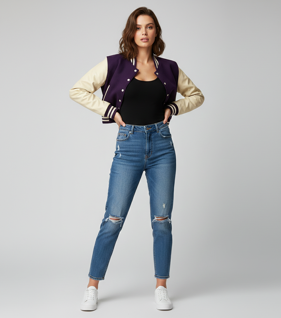 Women's Dark Purple Crop Letterman Varsity Jacket - Front