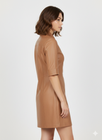 Women's Brown Button-Up Long Leather Shirt - Left