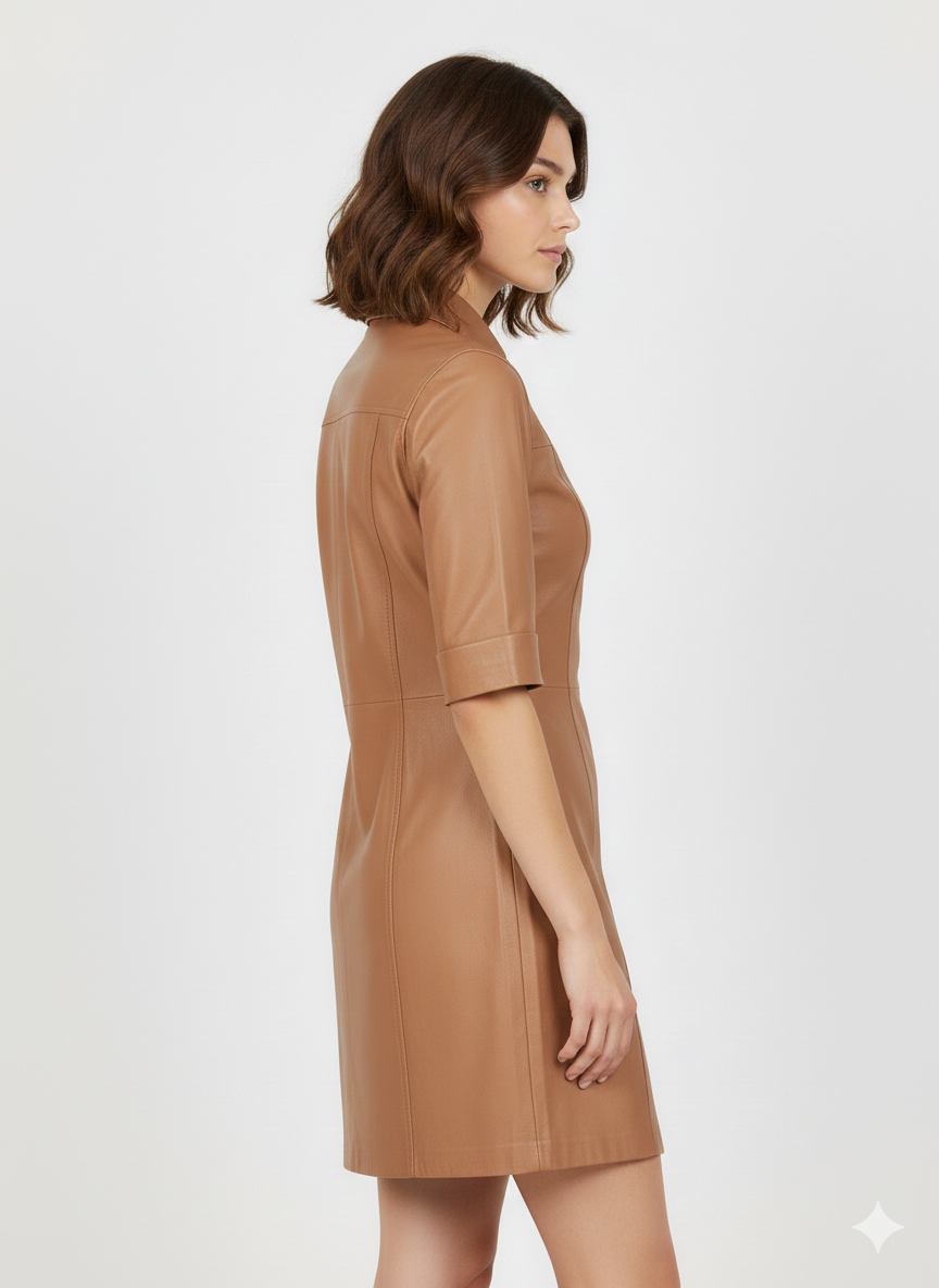 Women's Brown Button-Up Long Leather Shirt - Left