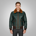 Green Lambskin Aviator Jacket with Brown Shearling Collar - Front
