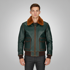 Green Lambskin Aviator Jacket with Brown Shearling Collar - Front