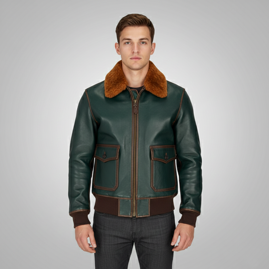 Green Lambskin Aviator Jacket with Brown Shearling Collar - Front