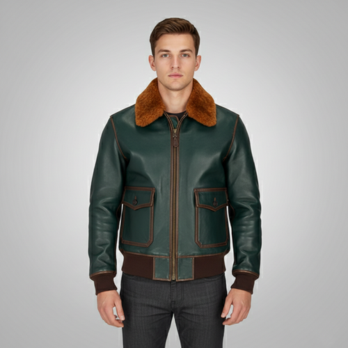 Green Lambskin Aviator Jacket with Brown Shearling Collar - Front