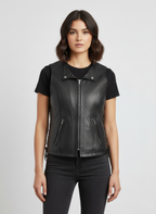 Women's Black Leather Vest Lace Up Sides - Front