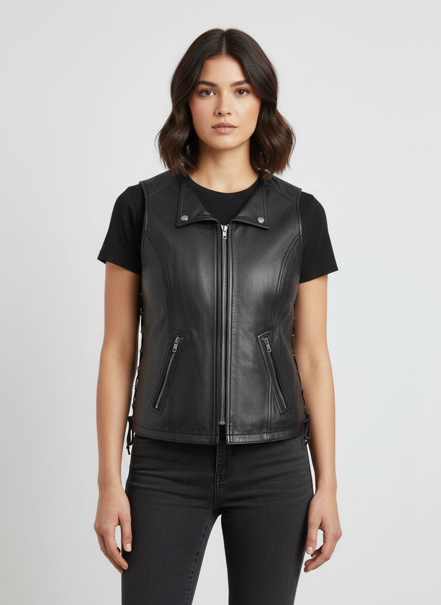 Women's Black Leather Vest Lace Up Sides - Front