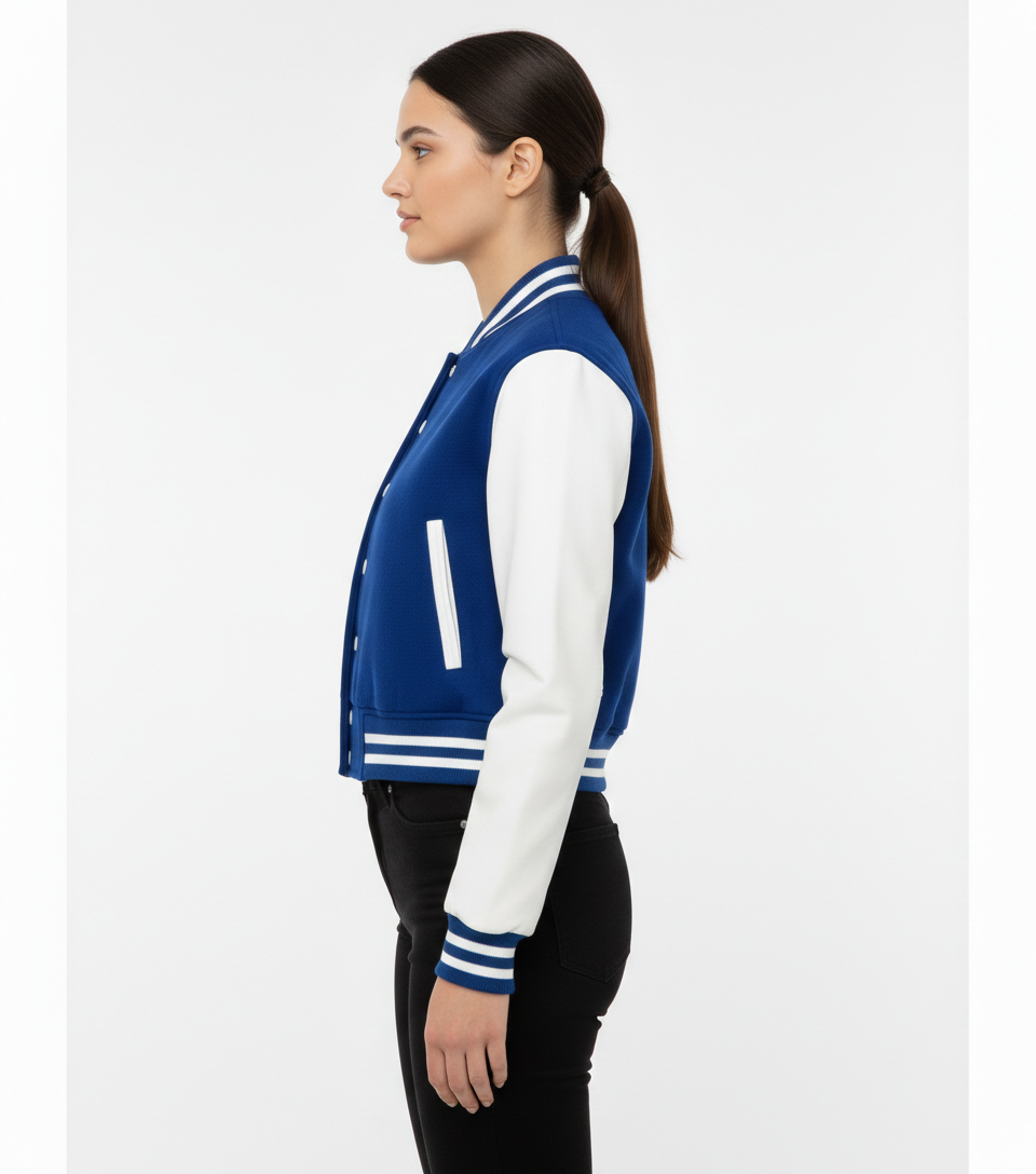 Women's Cropped Blue Bomber Leather Jacket - Back