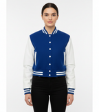 Women's Cropped Blue Bomber Leather Jacket - Front