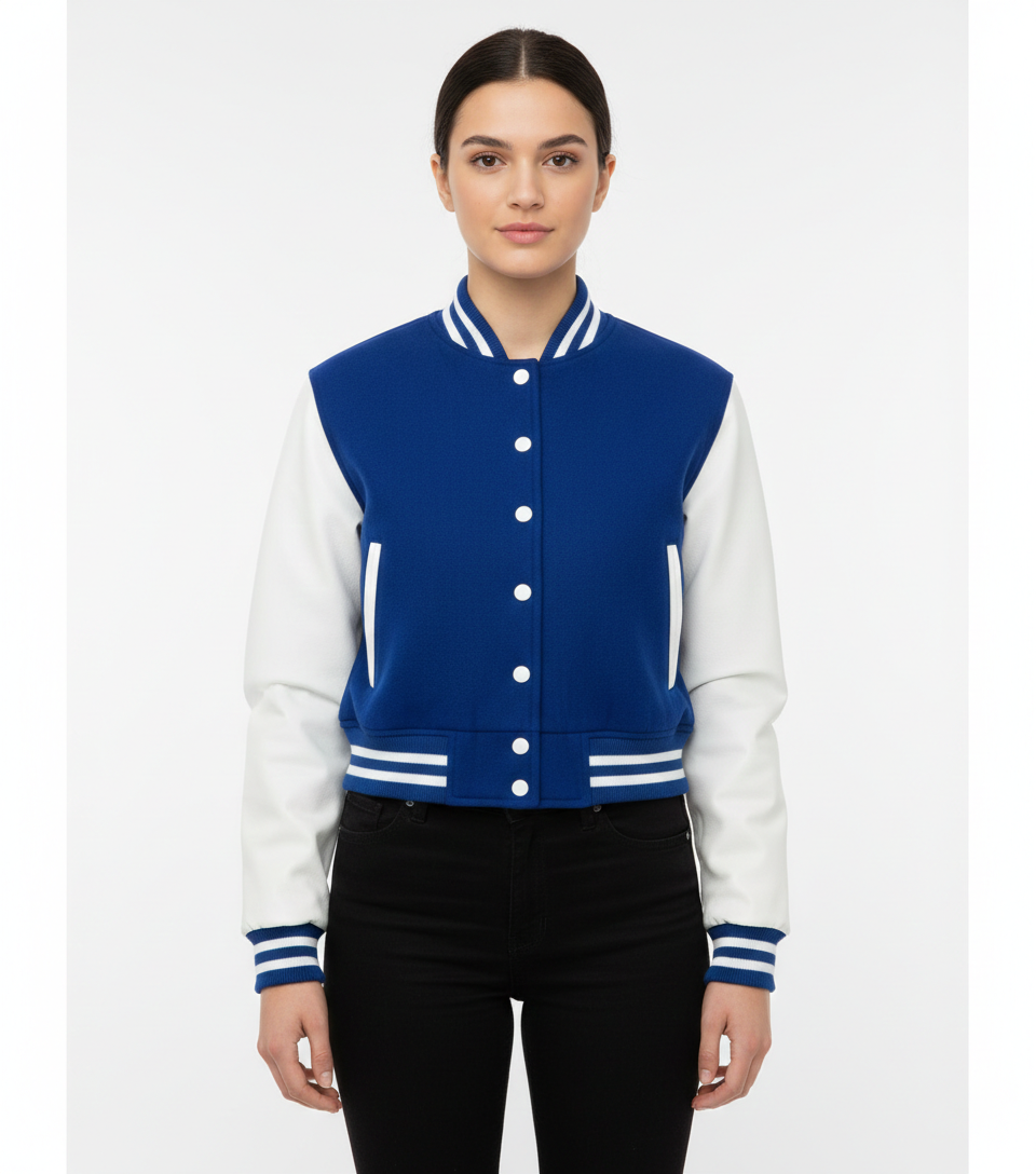 Women's Cropped Blue Bomber Leather Jacket - Front