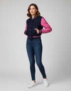 Women's Blue Pink Varsity Bomber Jacket - Front