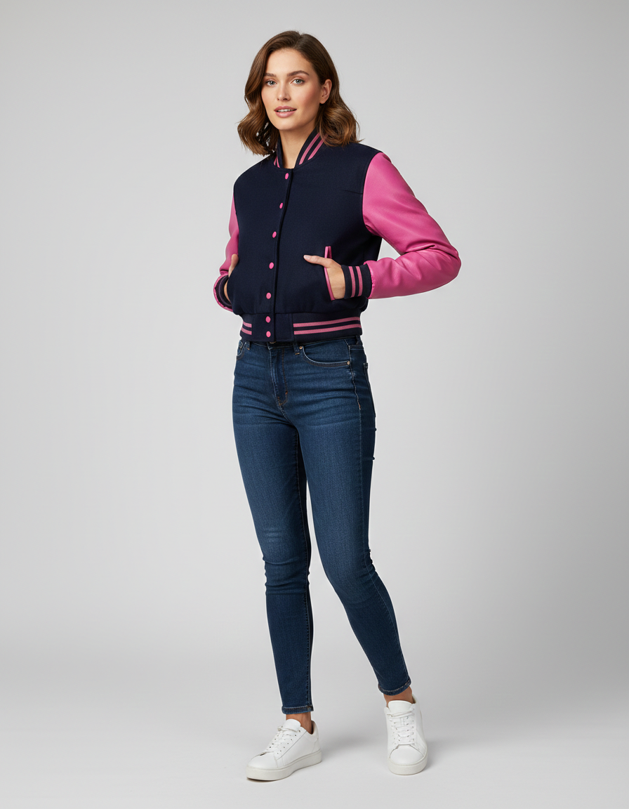 Women's Blue Pink Varsity Bomber Jacket - Front