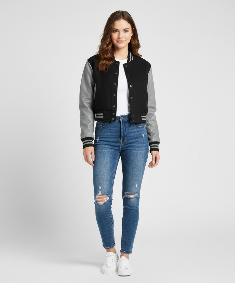 Women's Black Grey Varsity Jacket - Front