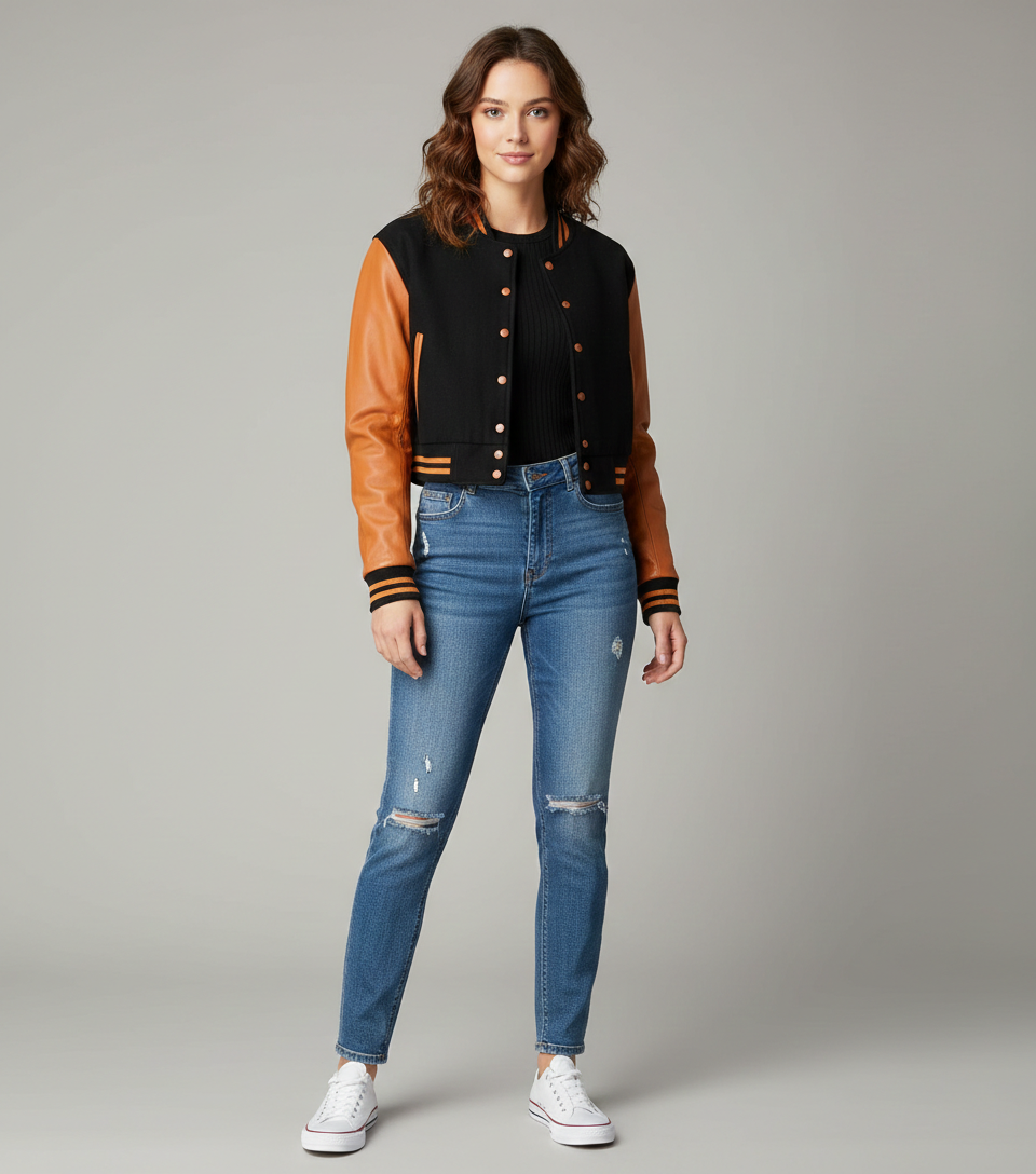 Women's Cropped Orange Wool Black Leather Jacket - Front