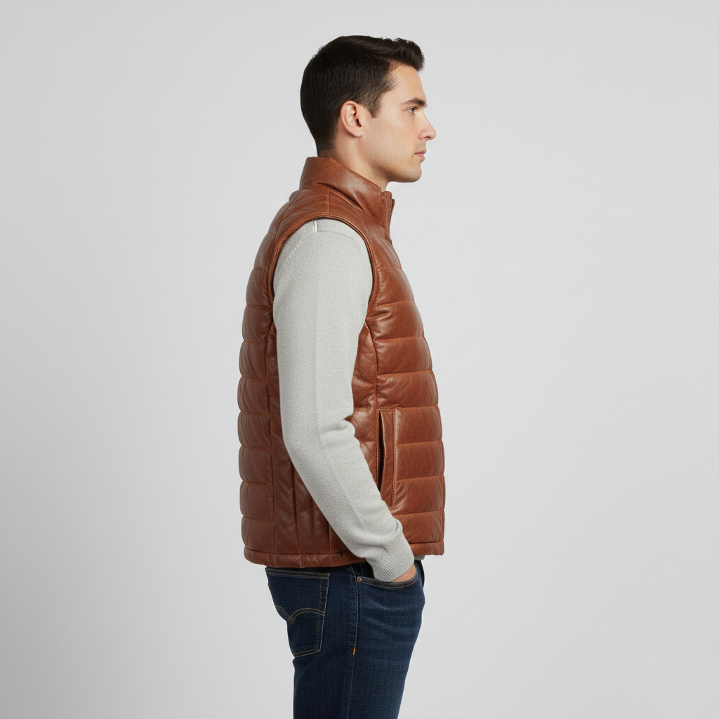 Men's Brown Leather Puffer Vest - Back