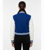 Women's Cropped Blue Bomber Leather Jacket - Left