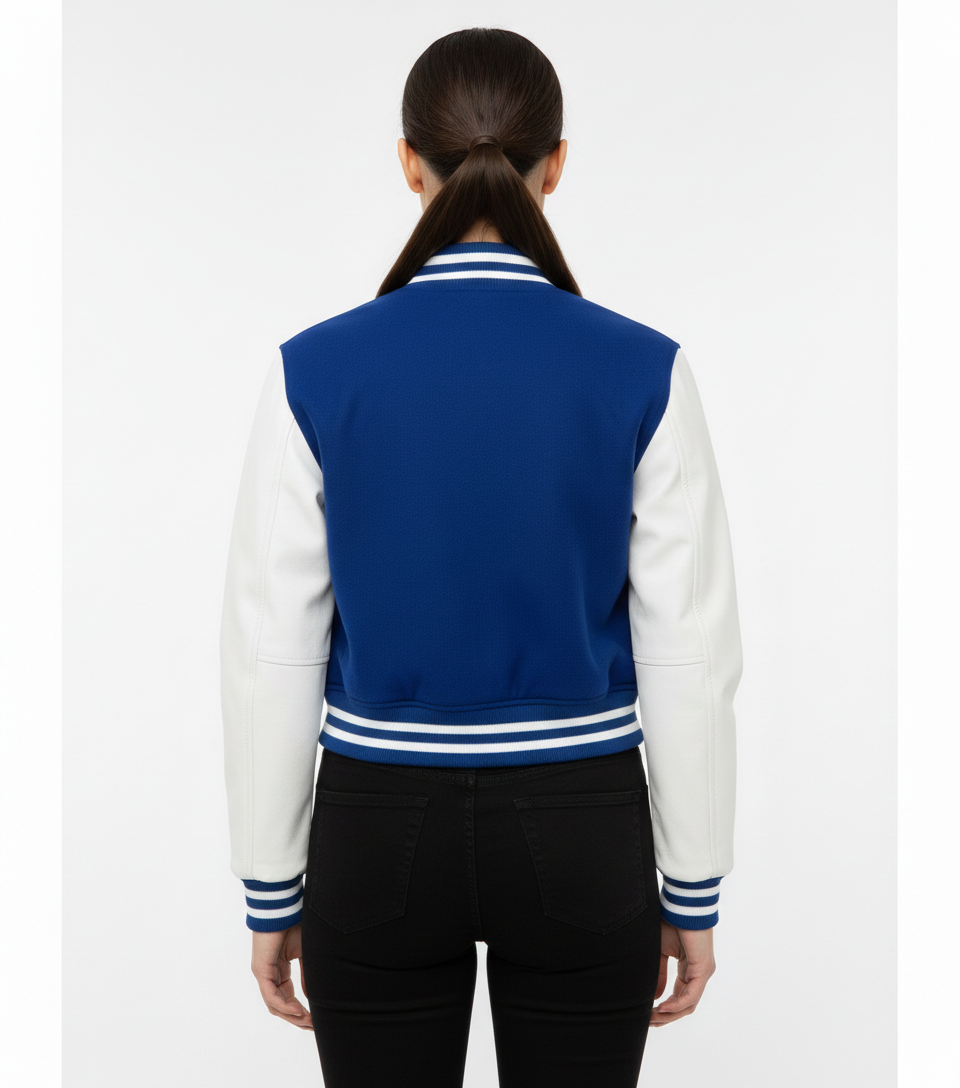 Women's Cropped Blue Bomber Leather Jacket - Left