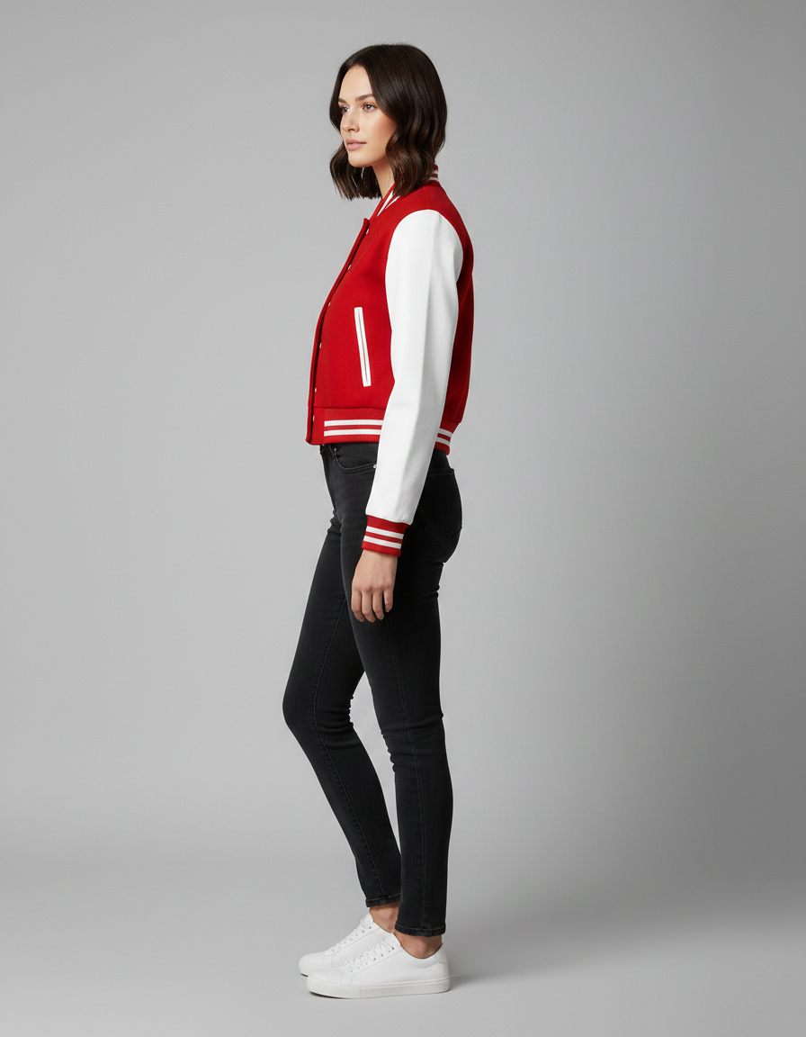 Women's Cropped Red Leather Varsity Jacket - Left