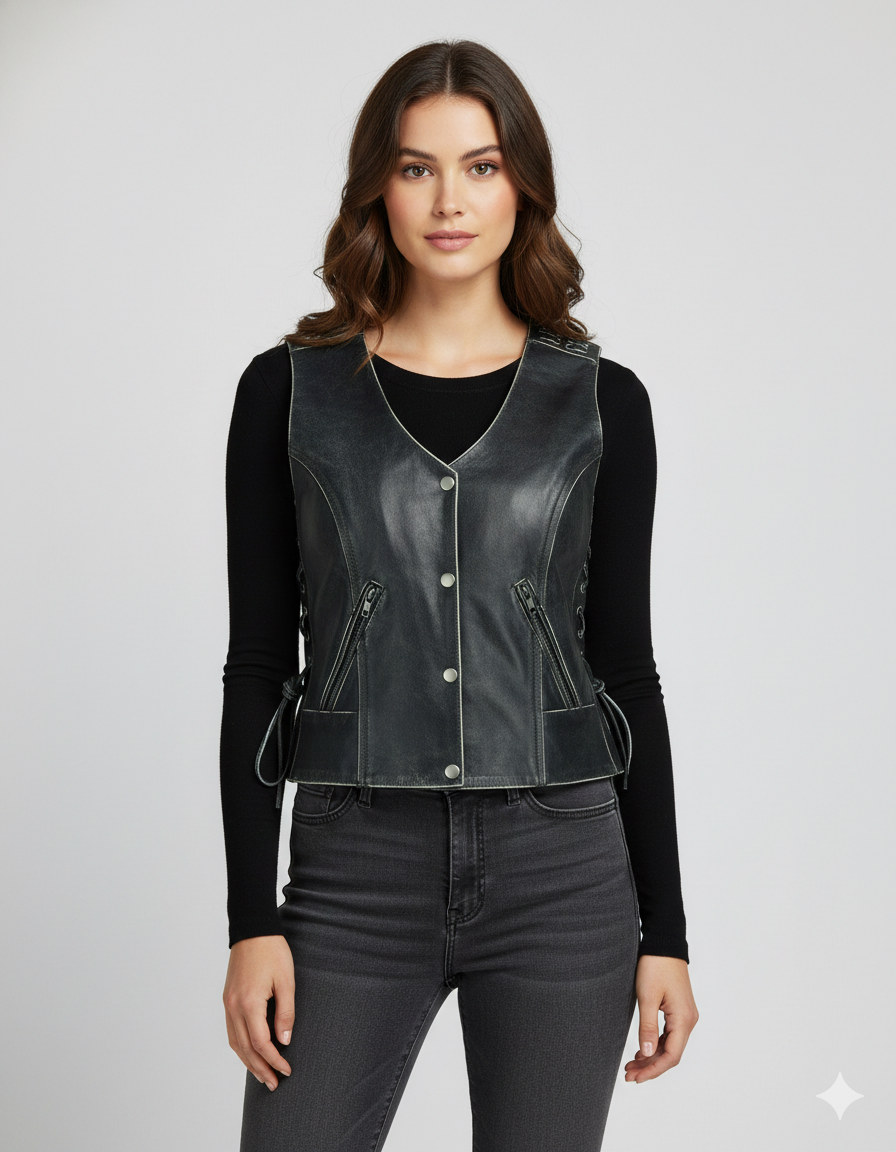 Women's Soft Leather Motorcycle Fashion Vest - Front