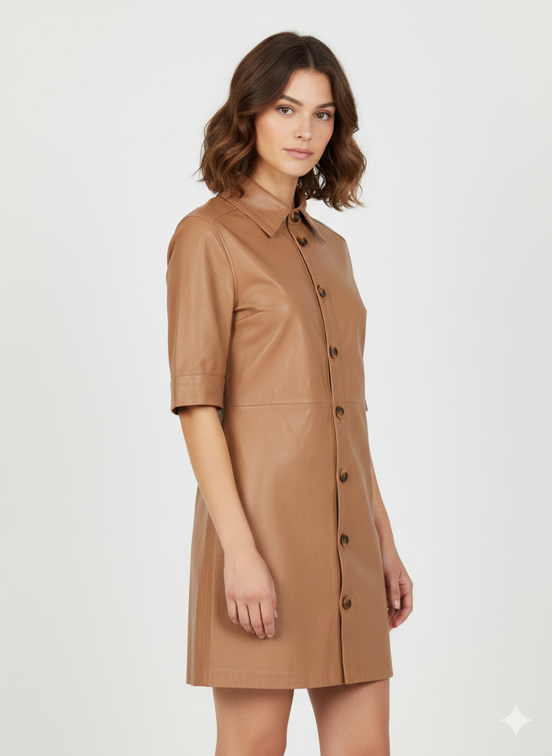 Women's Brown Button-Up Long Leather Shirt - Front