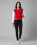 Women's Cropped Red Leather Varsity Jacket - Front