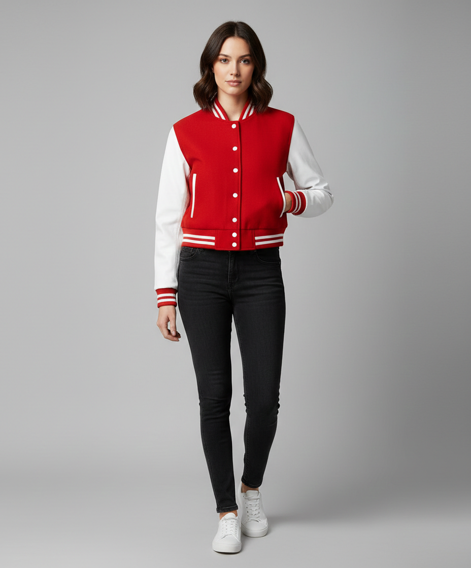 Women's Cropped Red Leather Varsity Jacket - Front