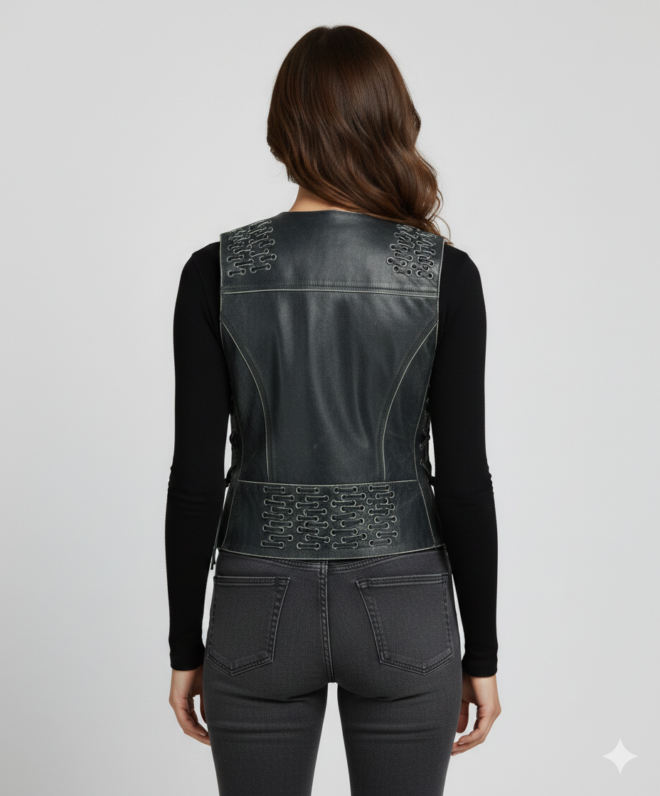 Women's Soft Leather Motorcycle Fashion Vest - Left