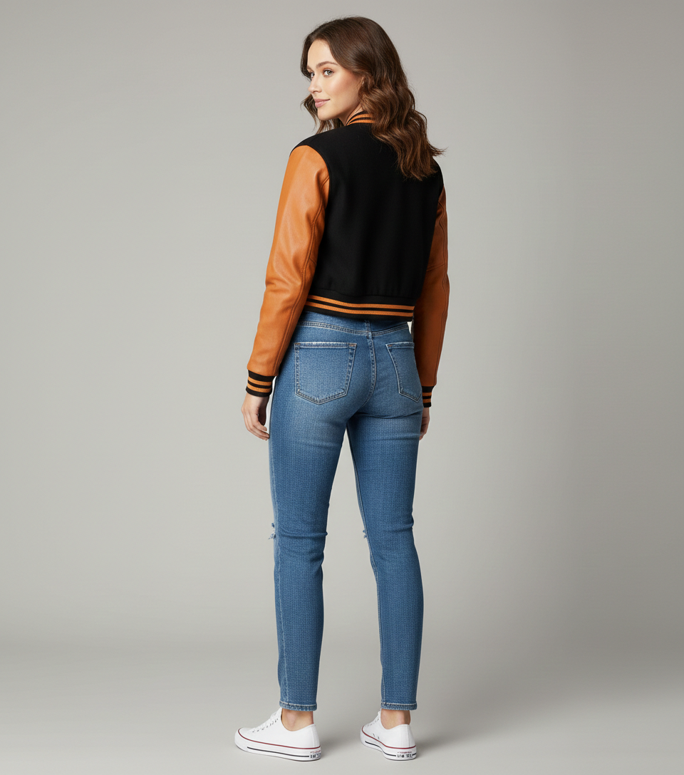 Women's Cropped Orange Wool Black Leather Jacket - Left