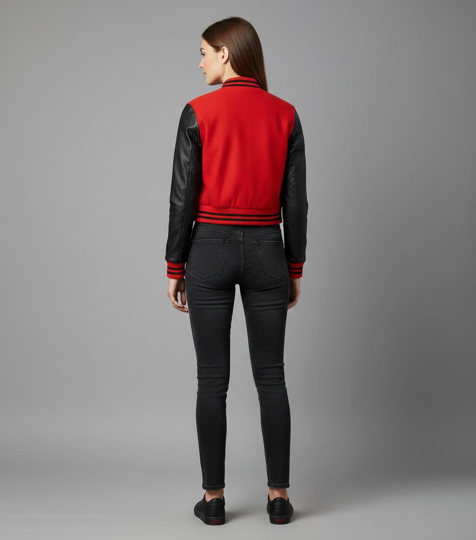 Women's Red Black Varsity Jacket - Left
