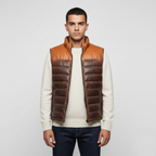 Men's Genuine Leather Puffer Vest Brown Tan - Left