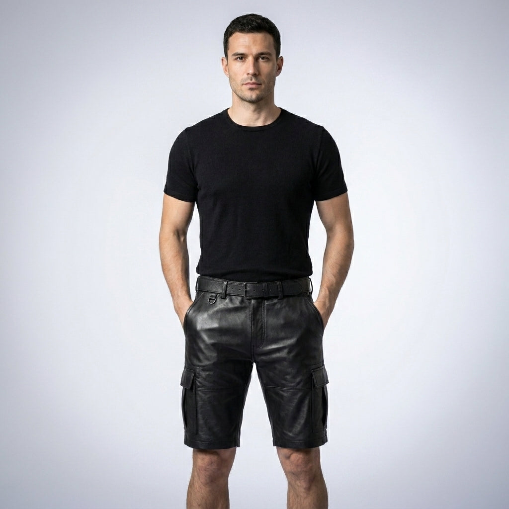 Handmade Black Leather Cargo Shorts
