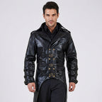 Men s Military Leather Punk Jacket in Black
