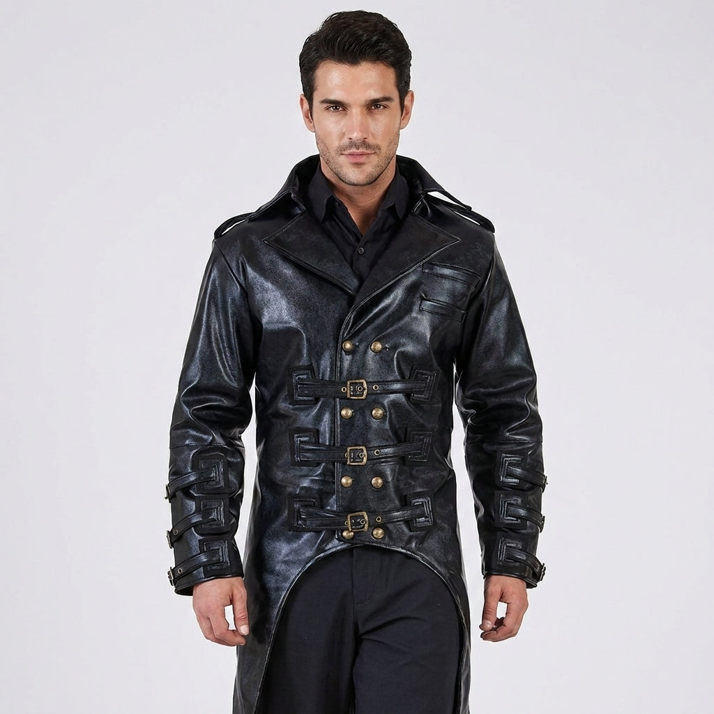 Men s Military Leather Punk Jacket in Black
