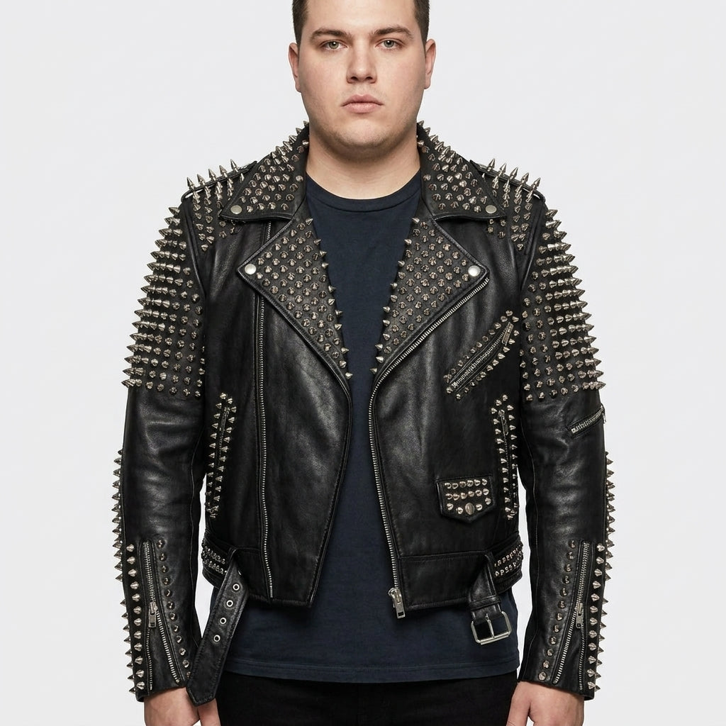 Handmade Punk Men Silver Studded Leather Jacket
