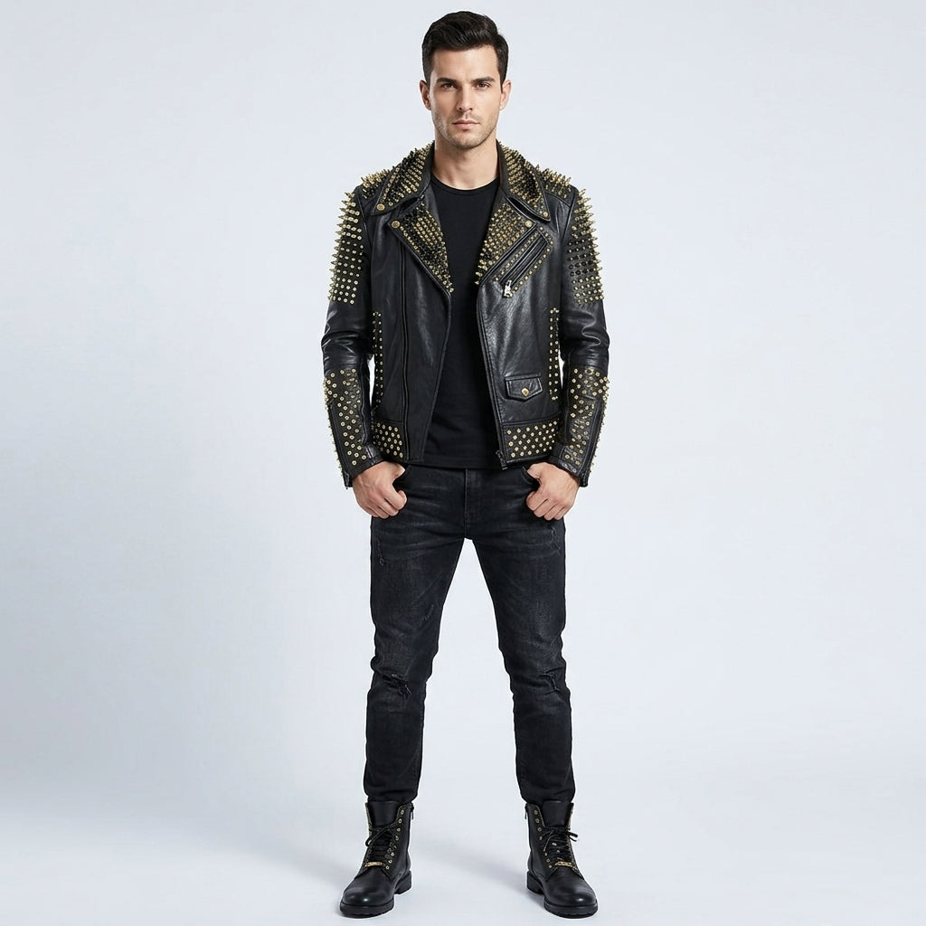 Men's Punk Rock Silver Spikes Studded Black Jacket